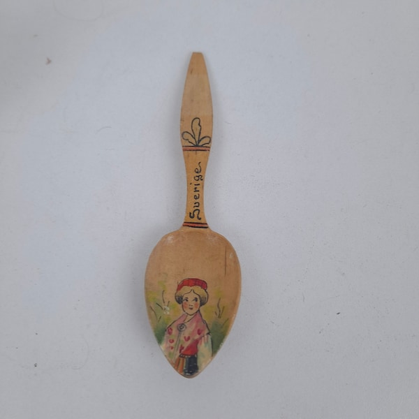 Vintage Swedish "Sverige" Hand-Painted Wood Spoon Souvenir 5 inches