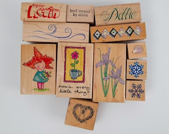 Set of 12 Wood Mount Rubber Stamps Debbie, Kevin, Snowflakes, Hedgehog and more