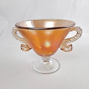 Fenton Orange Carnival Glass Pedestal Fruit Compote with Dolphin-shaped Handles, 5.5 inches tall