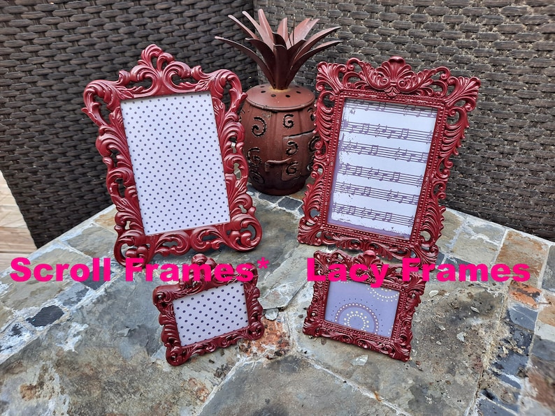 Mini Picture Frames, 2.5x2 Photo, FALL Colors, SCROLL Design, Tiny Baroque Frames, Fun Bright Colors, Navy, Maroon, Gray, Green, Rust, Teal Maroon Burgundy