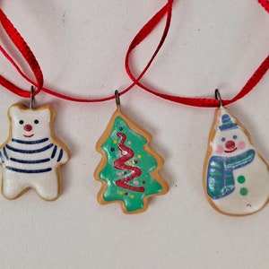 Set of 3 Vintage Hallmark Cards Miniature Christmas Cookie Ornaments, Bear, Christmas Tree, Snowman