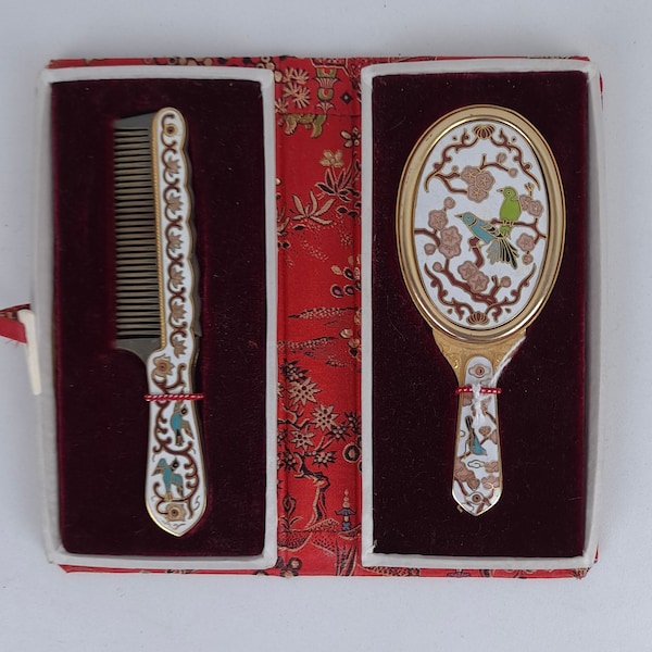 Vintage Cloisonne Mirror and Comb Travel Set in Red Silk Box EXQUISITE