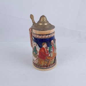 Vintage Ceramic German Lidded Beer Stein Tankard with Brass Lid