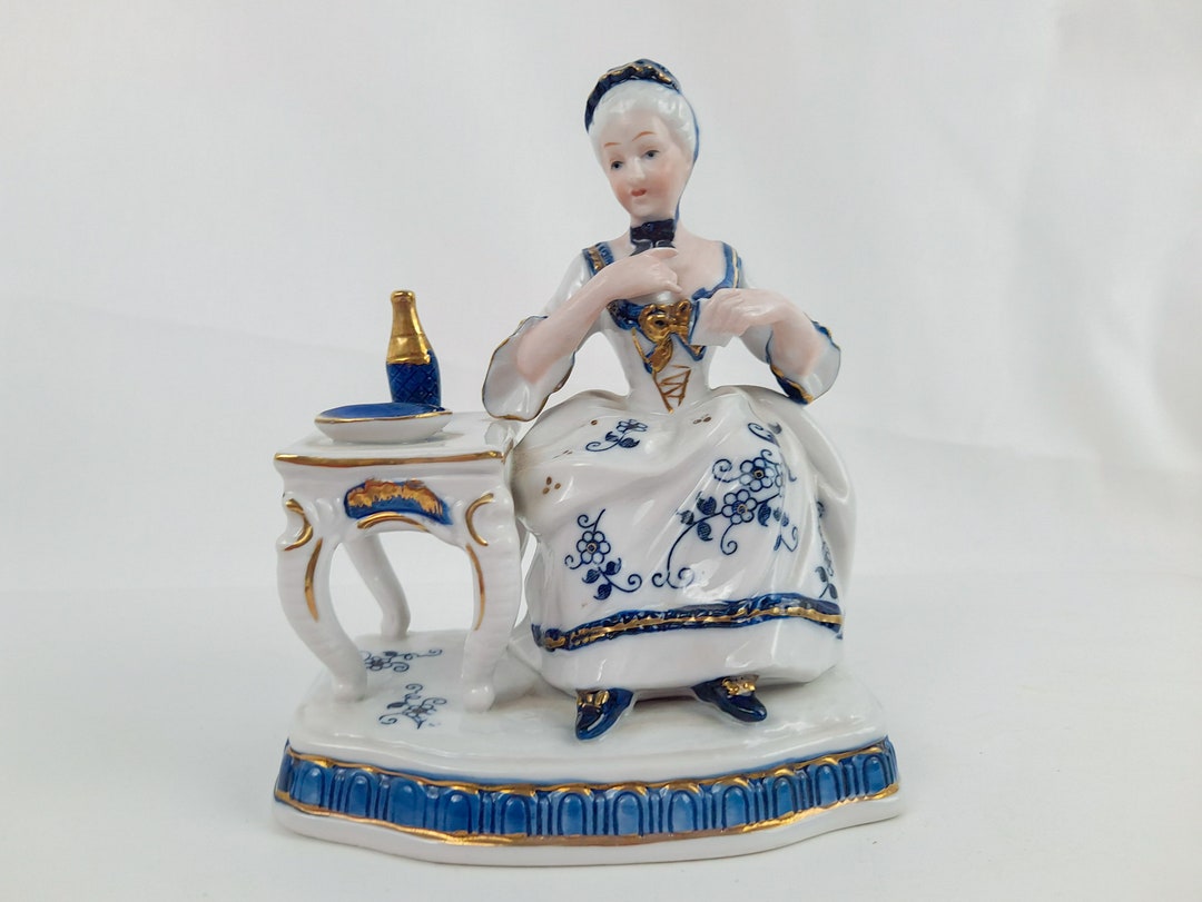 Vintage Victorian Lady Porcelain Figurine by KPM Japan in White, Cobalt