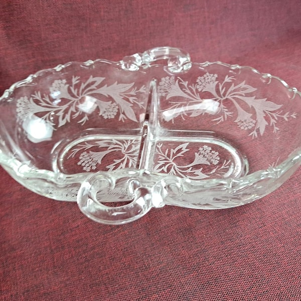 Fostoria Glass Etched Crystal Divided Relish Tray with Handles, Heather 6037