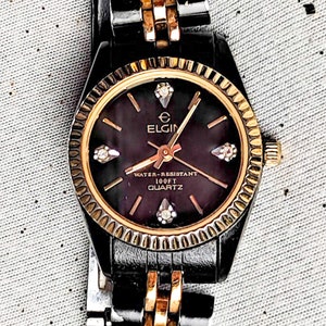 Vintage Elgin Black Dial Diamond Quartz Ladies Wristwatch 7 1 2