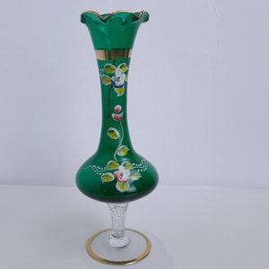 Czech Bohemian Green Art Glass Vase, Hand painted, hand blown, 22k gold accents, clear crystal stem, 8&quot;