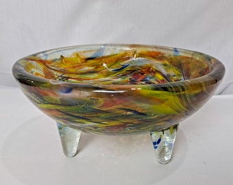 Vintage Art Glass Footed Bowl, Green Multicolor Fused Glass Bowl, Artisan Glass Bowl