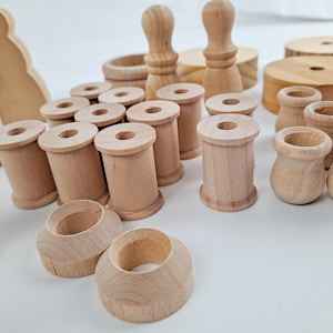 Lot of Wood Craft Supplies, Wood spools, dolls, candle cup clothes pins, Destashing Wood Craft Supplies