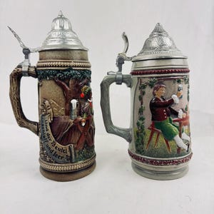 Vintage German Gerz Lidded Beer Stein Tankard with Silver Lid with Pub Scene
