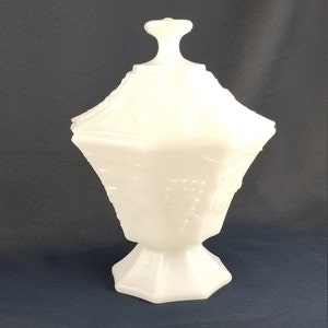 Anchor Hocking Milk Glass Candy Dish with Lid in Grape and Leaf Design