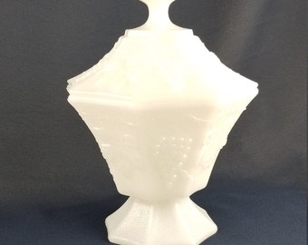 Anchor Hocking Milk Glass Candy Dish with Lid in Grape and Leaf Design