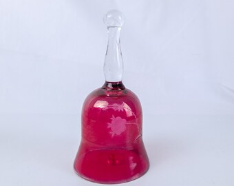 Cranberry Red Glass Vintage Crystal Bell with Etched Flower and Clear Glass Handle
