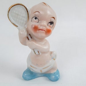 Vintage Tennis Baby in Diaper Porcelain Mini Figurine, Mid century Japan