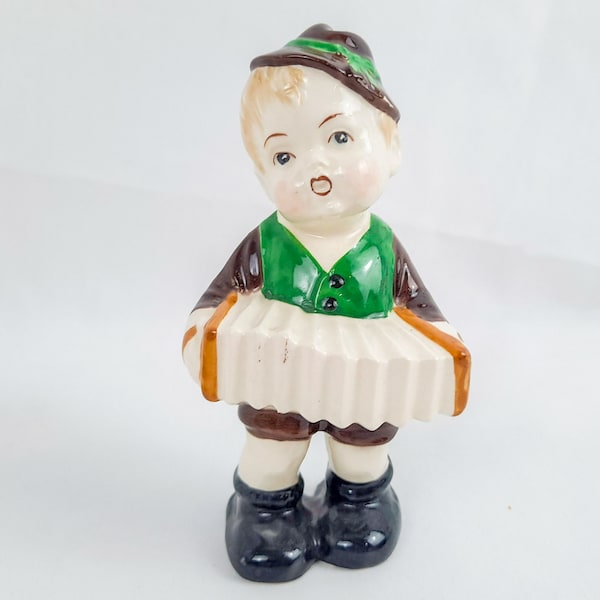 Accordion Concertina Boy Figurine, Hand Painted Porcelain Vintage Japan