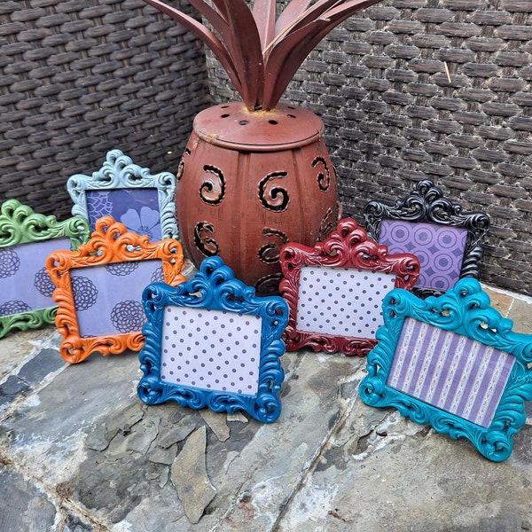 Mini Picture Frames, 2.5x2 Photo, FALL Colors, SCROLL Design, Tiny Baroque Frames, Fun Bright Colors, Navy, Maroon, Gray, Green, Rust, Teal