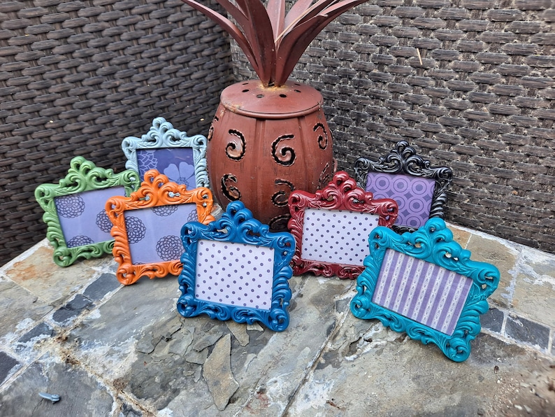 Mini Picture Frames, 2.5x2 Photo, FALL Colors, SCROLL Design, Tiny Baroque Frames, Fun Bright Colors, Navy, Maroon, Gray, Green, Rust, Teal image 1