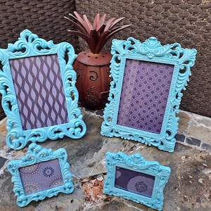 Baby Aqua Blue 4x6 Picture Frames and Mini 2.5x2 Picture Frames, Fun, Bright, Colorful Photo Frames, Baroque Design Quality RESIN