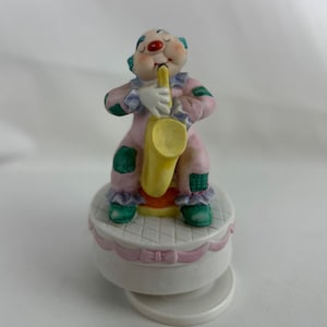 Vintage Sax Playing Clown Music Box, Porcelain Bisque &quot;You Are My Sunshine&quot;