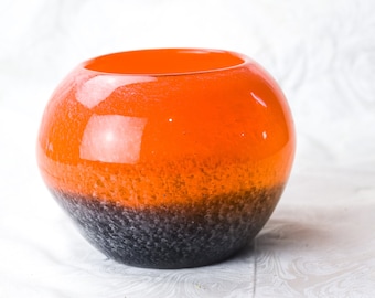 Murano style Hand Blown Round Glass Bowl, 5" tall, 8" wide, Round Orange Art Glass Bowl, Vintage