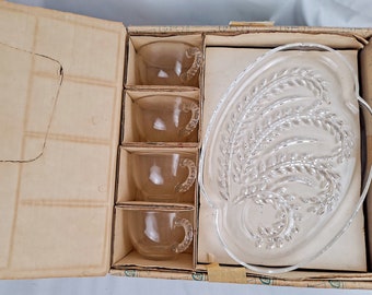 Federal Glass Hospitality Luncheon Set in Original Box Homestead Wheat Design, Set of 4 or single pieces.