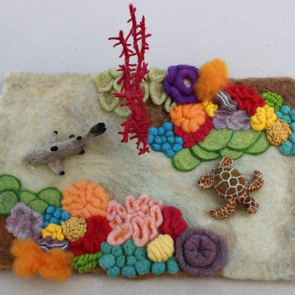 Coral Reef Playscape with Shark and Turtle; Handmade felted Plascape; Coral Reef with reef shark and sea turtle