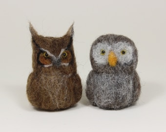 Búho; Búho de lana fieltrado con aguja hecho a mano; Búho del bosque; Búho gris o Búho marrón