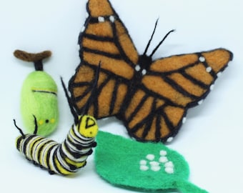 Butterfly Life Cycle Set; Monarch butterfly life cycle; monarch caterpillar; monarch chrysalis; wool butterfly life cycle;