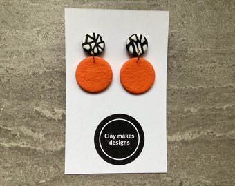 Polymer clay earrings, orange and black earrings, dangle earrings, orange earrings, bright earrings, drop earrings, ceramic earrings