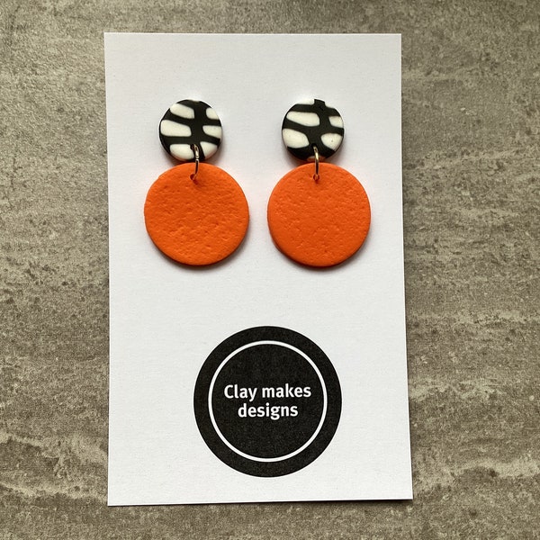 Polymer clay earrings, orange and black earrings, dangle earrings, orange earrings, bright earrings, drop earrings, ceramic earrings