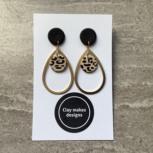 Polymer clay earrings, animal print earrings, dangle earrings, leopard print earrings, drop earrings, brass earrings