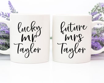 Personalized Mr And Mrs Mugs Set, Lucky Mr and Future Mrs  Gift Set, Engagement Gift For Couple, Gift From Best Friend, Custom Mr And Mrs