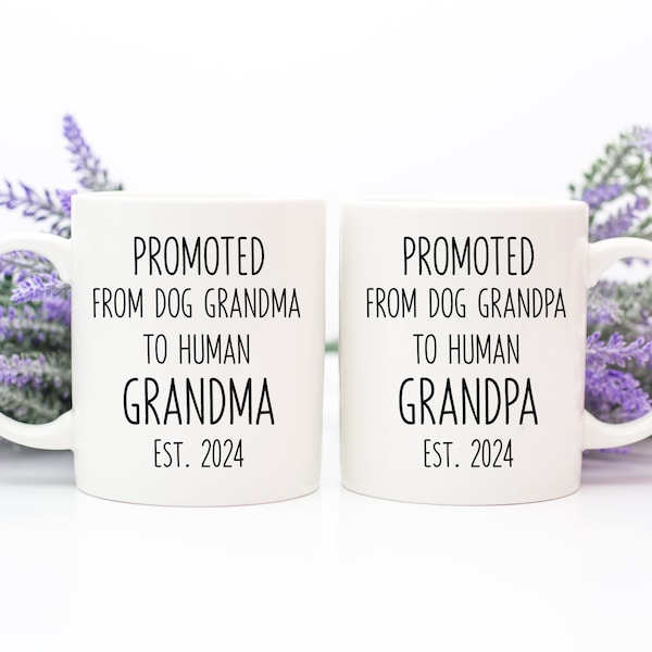 Promoted From Dog Grandma To Human Grandma Coffee Mug, Promoted From Dog Grandpa To Human Grandpa, Promoted To Grandparents Mug Set #