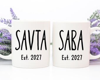 Juego de tazas Savta y Saba, anuncio de embarazo de los abuelos hebreos, anuncio de embarazo de los abuelos judíos, taza de café minimalista