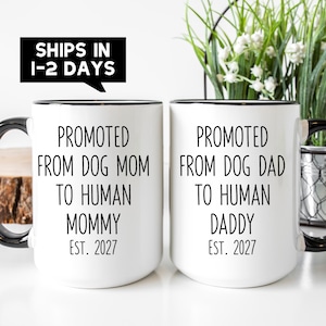 Dog Mom and Dad to Human Mommy Daddy Coffee Mug - New Parents Expecting Parents Matching Mug Set - Gender Reveal Party Gift - First Baby
