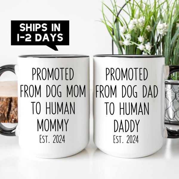 Dog Mom and Dad to Human Mommy Daddy Coffee Mug - New Parents Expecting Parents Matching Mug Set - Gender Reveal Party Gift - First Baby
