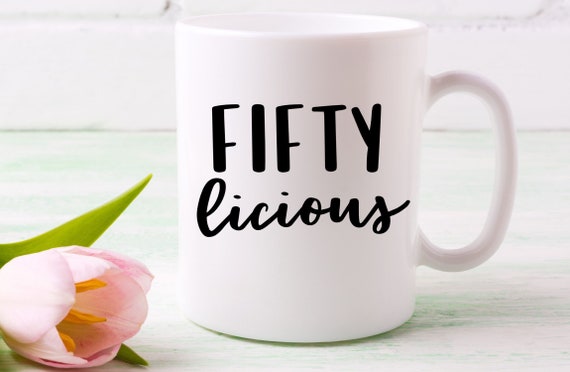 50th Birthday Gifts For Women, Fifty Licious, 50 Years Old Gift Idea, Born In 1969, 50th Bday Gifts For Her, Minimalist, Personalized Mug