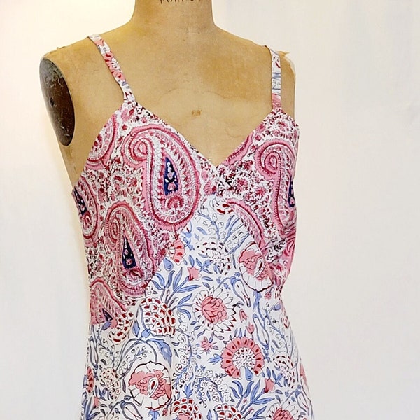 1930s Bias cut Slip Dress reproduced in Floral block print cotton from India. Cotton camisole, spring/beach wedding guest dress m/l