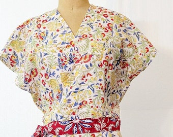 1940s wrap dress reproduced in  block print cotton from India. Cotton day dress/ vintage reproduction/summer wrap dress