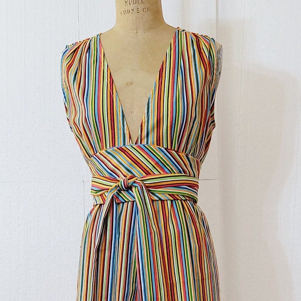 Rainbow pinstripe tent dress with reversible obi style belt/ 1970s retro sundress /sleeves trapeze shape/ colorful wedding guest dress M