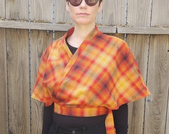 Plaid cape jacket /red,orange and grey  flannel plaid with side tie belt/ 1940s reproduction/ cropped kimono jacket