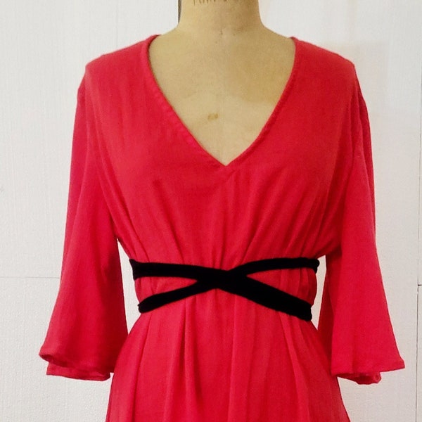 Red cotton gauze A-line dress/Retro 70s Angel wing sleeve and empire waist belt/Grecian style wedding guest dress/ 2 belts