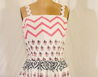 1950s pink floral print Sundress remade  in block print cotton from India. Fit and flare rockabilly style day dress.