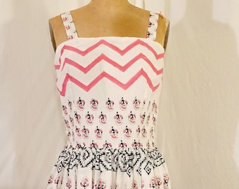 1950s Pink Floral Sundress: Block Print Cotton Fit & Flare Day Dress