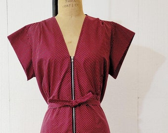 1940s Inspired Maroon Polka Dot Midi Dress with Zipper
