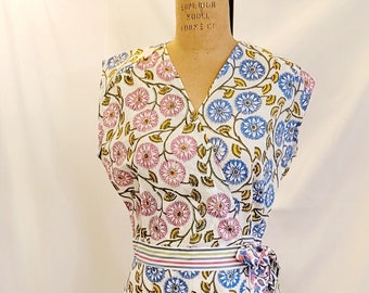 Cotton Summer wrap dress, sleeveless mixed floral print, 1940s reproduction with upcycled shirt belt. One of a kind. small