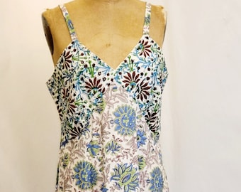 1930s Bias cut Slip Dress reproduced in Floral block print cotton from India. Cotton camisole, spring/beach wedding guest dress m/l