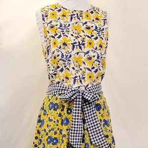 Floral print wrap dress with upcycled ginghaam belt. 1970s apron dress remade inblock print cotton from India/ vintage reproduction