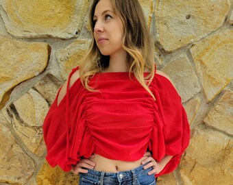 Red Cotton Gauze Crop Top: 1970s Ruched Balloon Sleeve Blouse