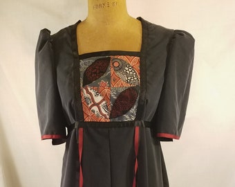1970s  kaftan dress remade in gray micro suede with melon patch quilt applique inset medium